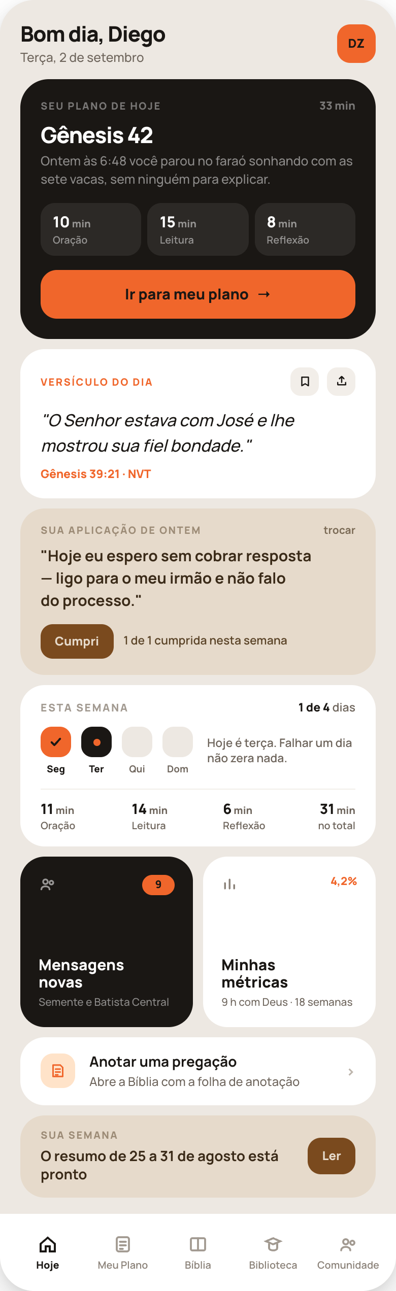 Tela Hoje do app: passo atual, sequência e semana