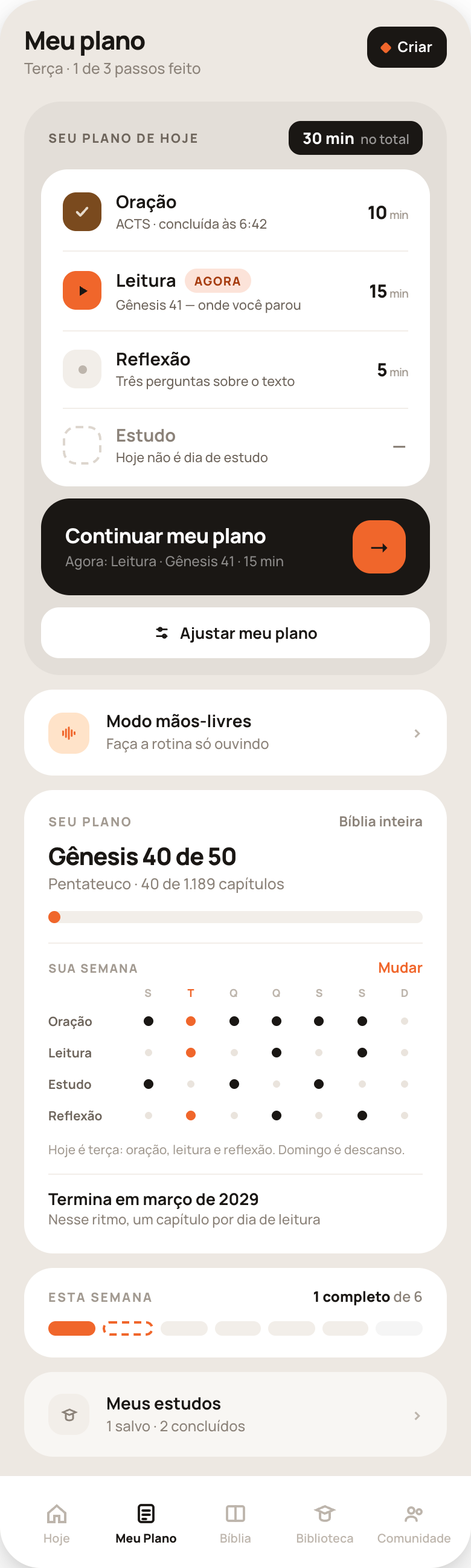 Tela Meu Plano do app, com os três passos do dia